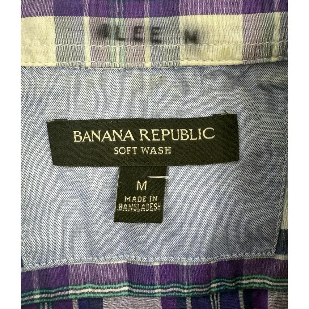 Banana Republic Tropical Blue Plaid Short Sleeve ButtonDown Collar Shirt Medium‎